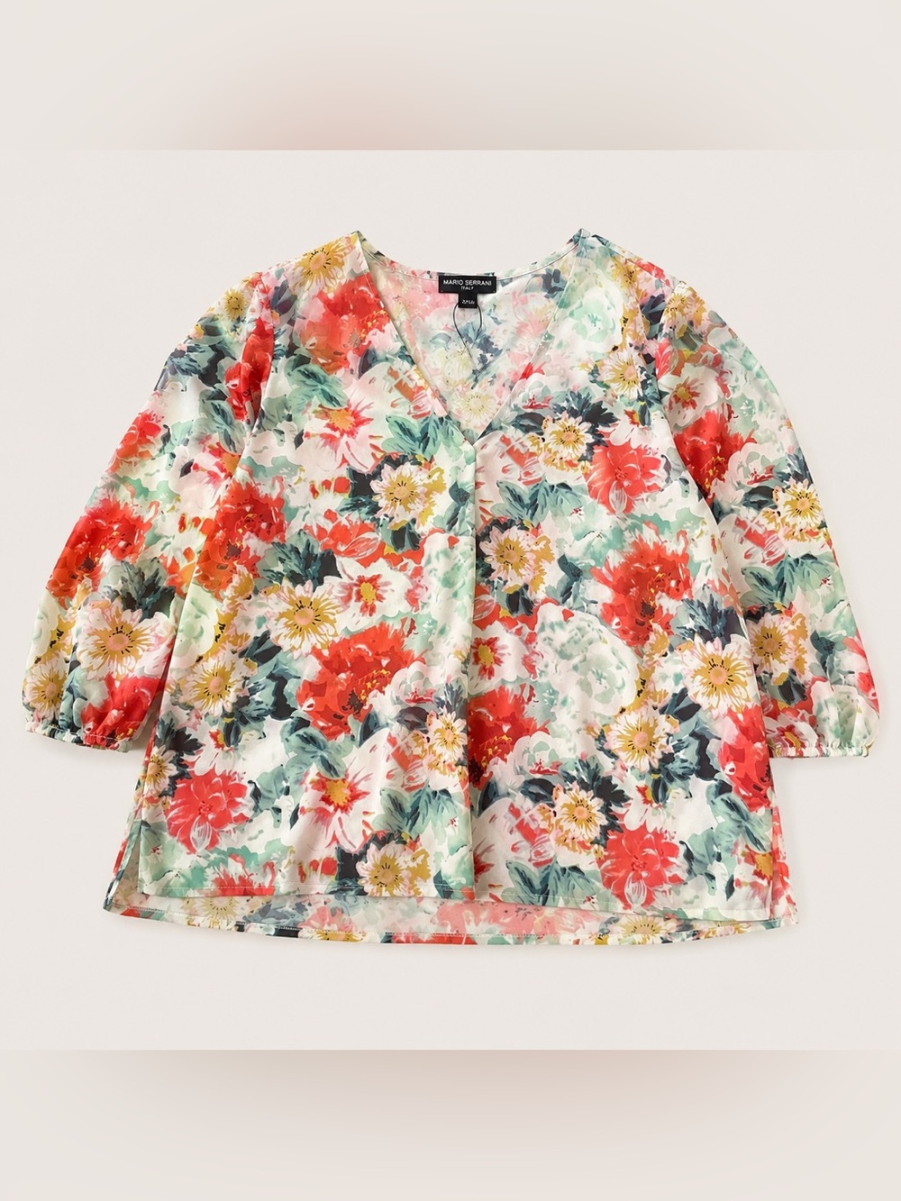 Mario Serrani Floral V-Neck Blouse XXL Peasant Sleeve Top